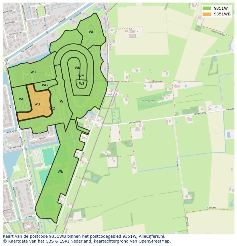 Afbeelding van het postcodegebied 9351 WB op de kaart.