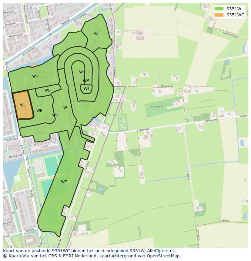 Afbeelding van het postcodegebied 9351 WC op de kaart.