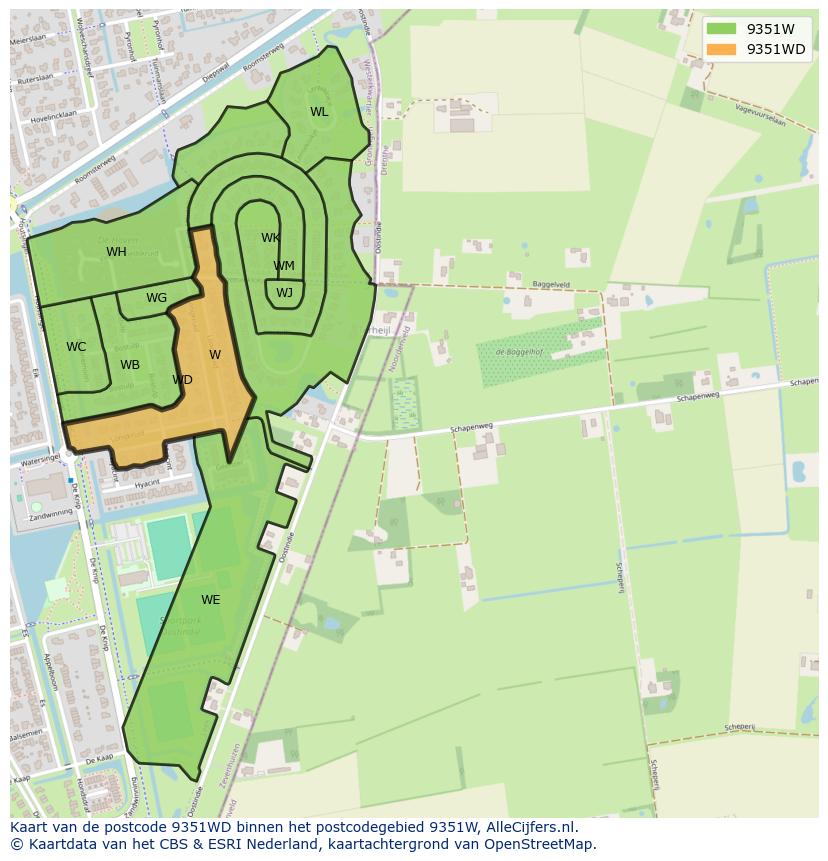 Afbeelding van het postcodegebied 9351 WD op de kaart.