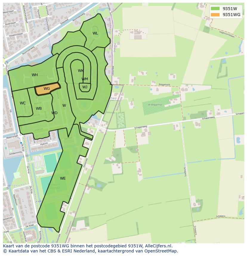 Afbeelding van het postcodegebied 9351 WG op de kaart.