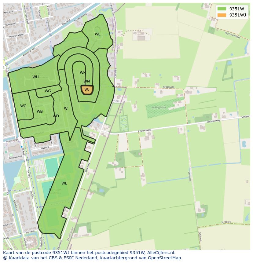 Afbeelding van het postcodegebied 9351 WJ op de kaart.