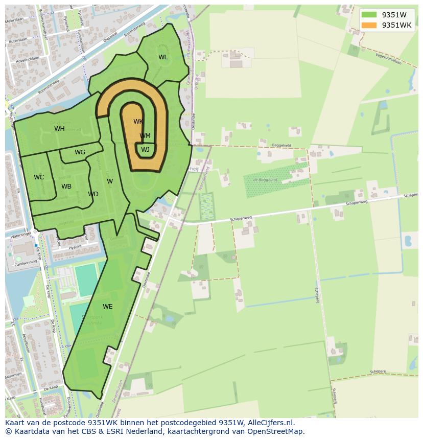 Afbeelding van het postcodegebied 9351 WK op de kaart.