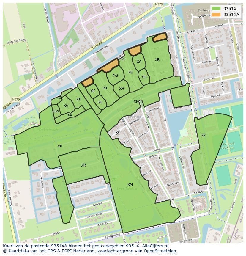 Afbeelding van het postcodegebied 9351 XA op de kaart.