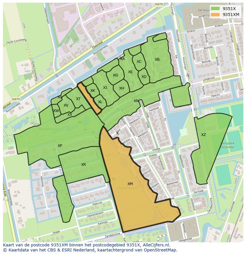 Afbeelding van het postcodegebied 9351 XM op de kaart.