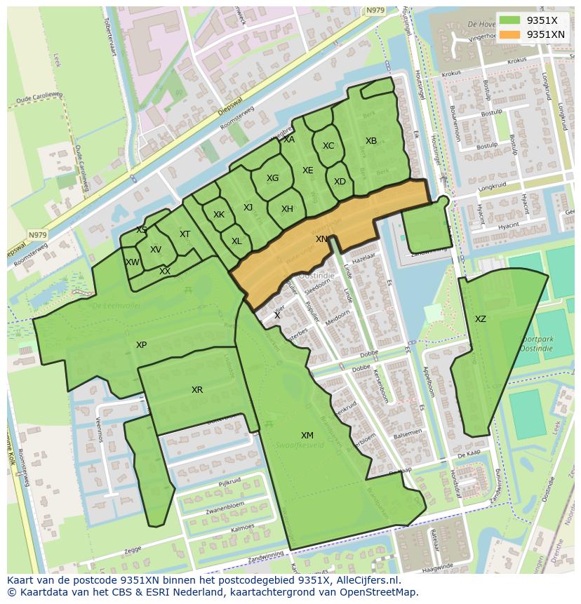 Afbeelding van het postcodegebied 9351 XN op de kaart.