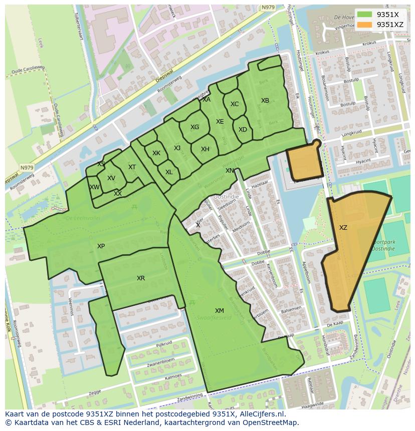 Afbeelding van het postcodegebied 9351 XZ op de kaart.