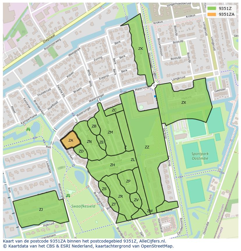 Afbeelding van het postcodegebied 9351 ZA op de kaart.