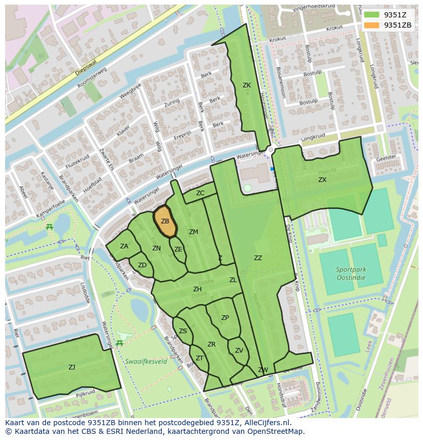 Afbeelding van het postcodegebied 9351 ZB op de kaart.