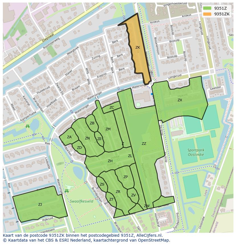 Afbeelding van het postcodegebied 9351 ZK op de kaart.