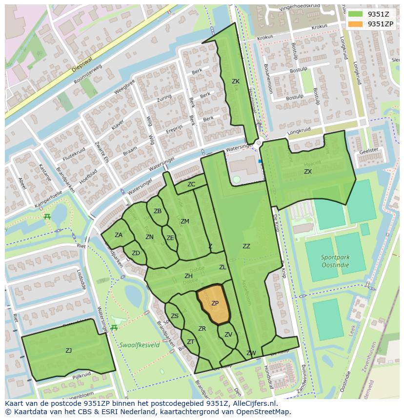 Afbeelding van het postcodegebied 9351 ZP op de kaart.