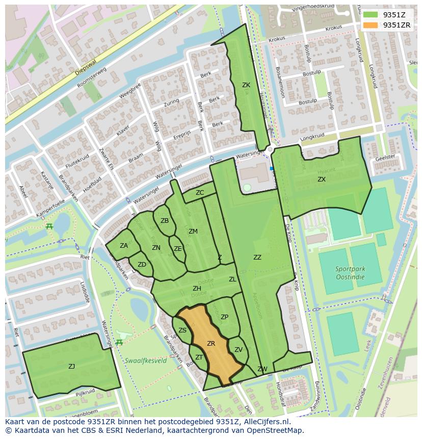 Afbeelding van het postcodegebied 9351 ZR op de kaart.