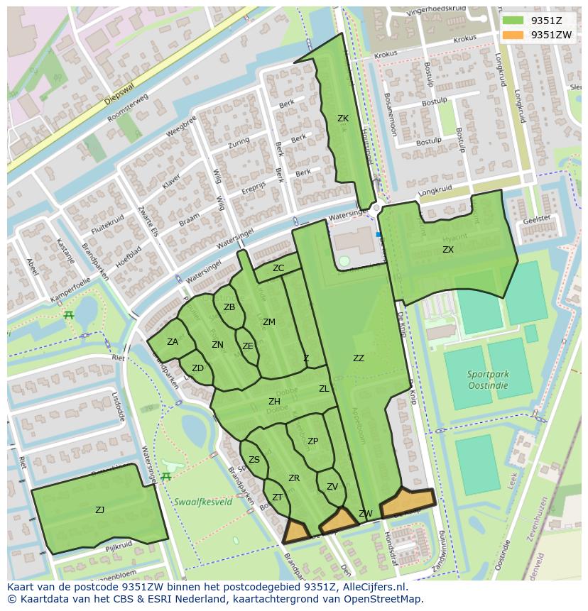 Afbeelding van het postcodegebied 9351 ZW op de kaart.