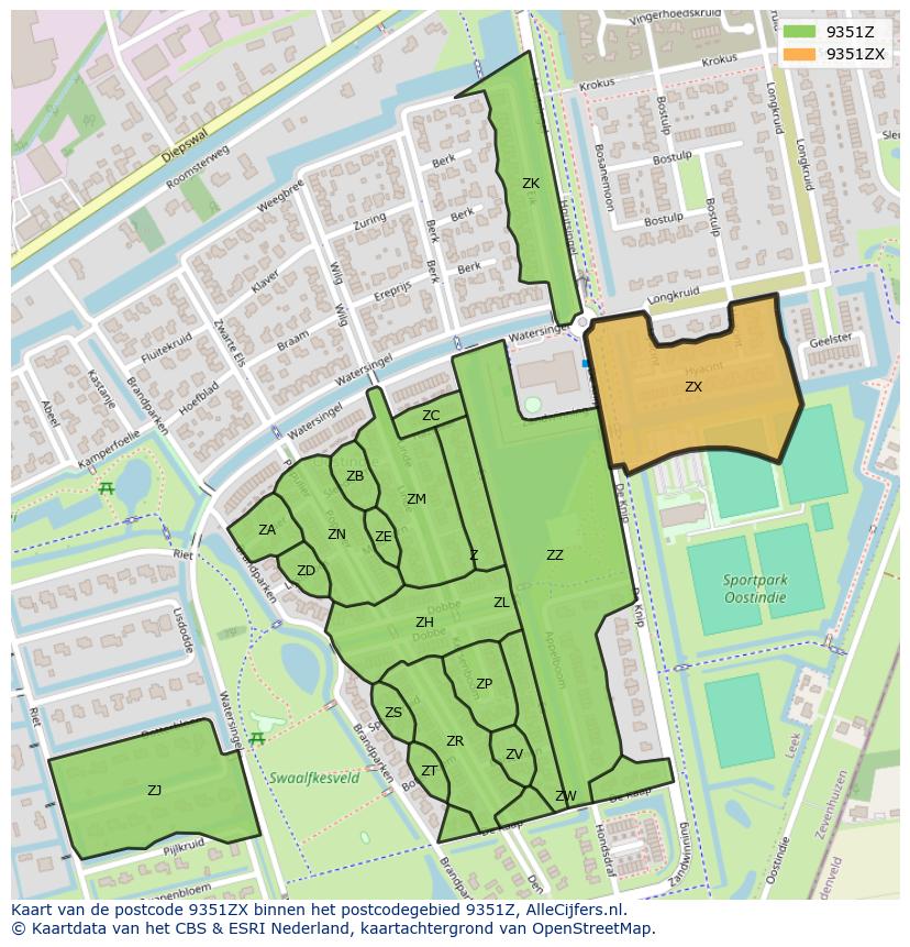 Afbeelding van het postcodegebied 9351 ZX op de kaart.