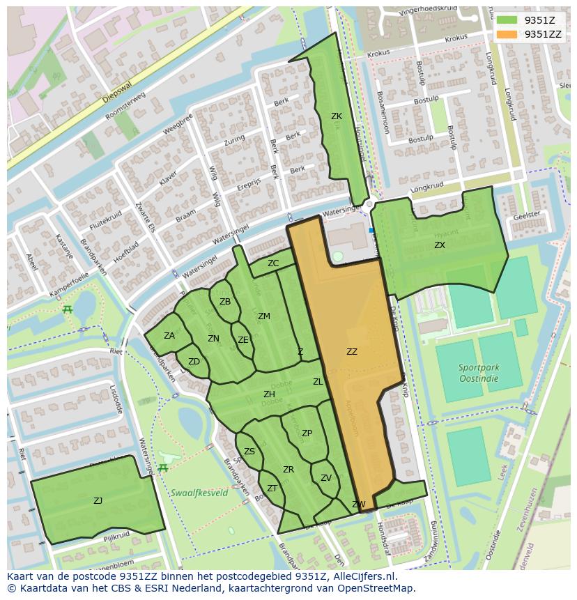 Afbeelding van het postcodegebied 9351 ZZ op de kaart.