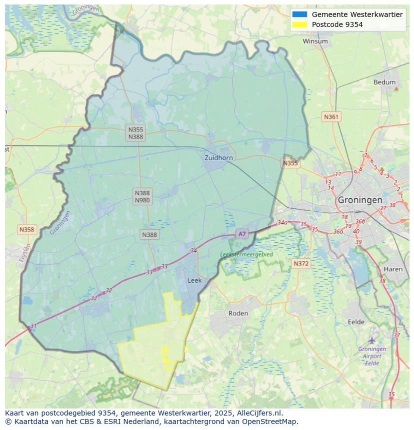 Afbeelding van het postcodegebied 9354 op de kaart.