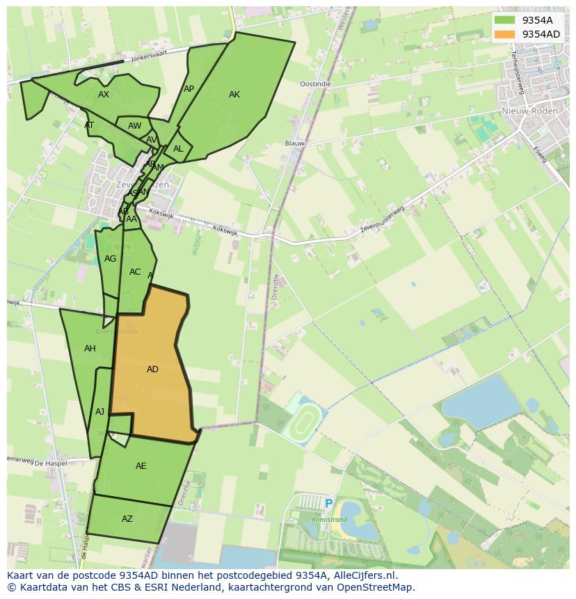 Afbeelding van het postcodegebied 9354 AD op de kaart.