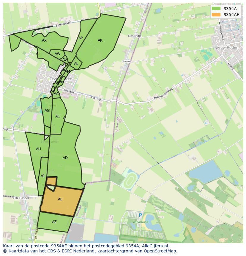 Afbeelding van het postcodegebied 9354 AE op de kaart.