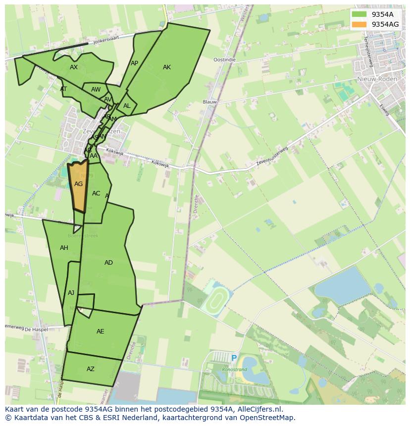 Afbeelding van het postcodegebied 9354 AG op de kaart.
