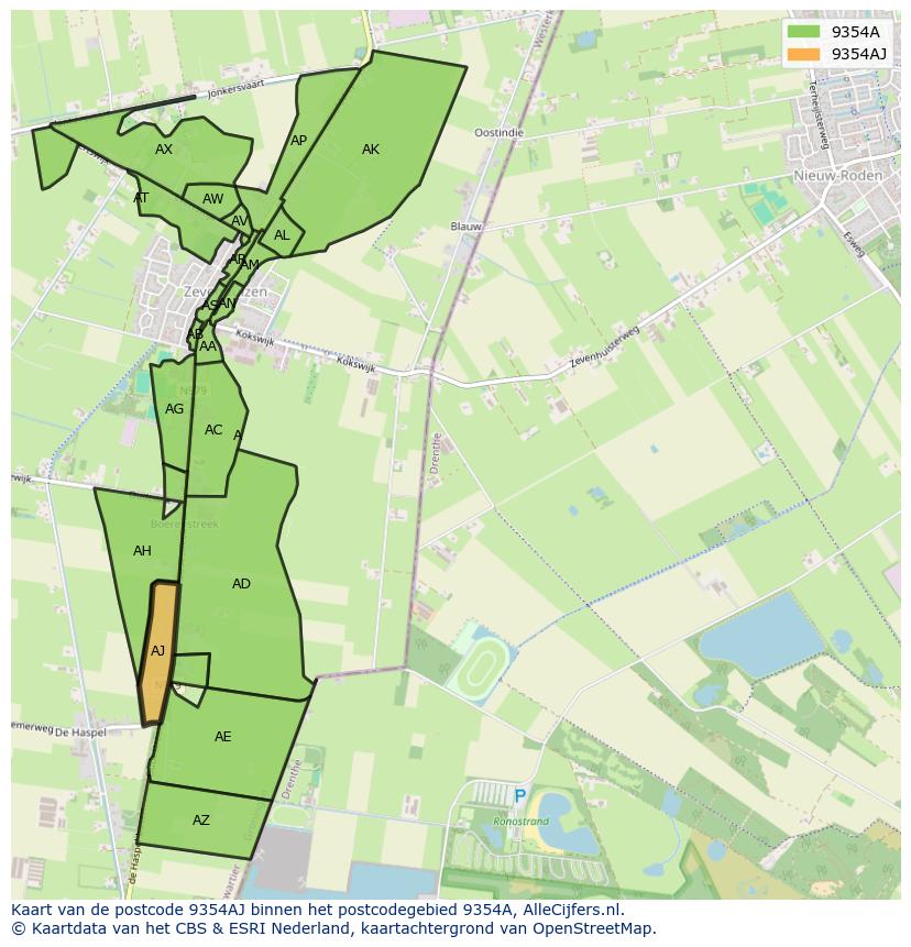 Afbeelding van het postcodegebied 9354 AJ op de kaart.