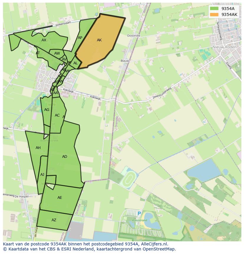 Afbeelding van het postcodegebied 9354 AK op de kaart.