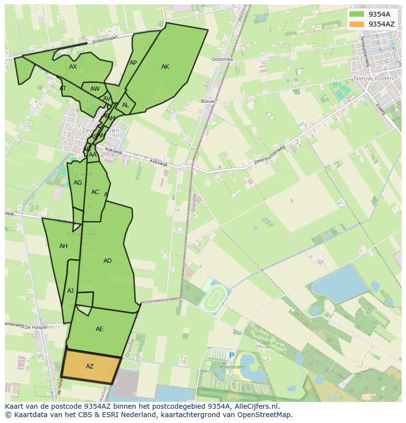 Afbeelding van het postcodegebied 9354 AZ op de kaart.