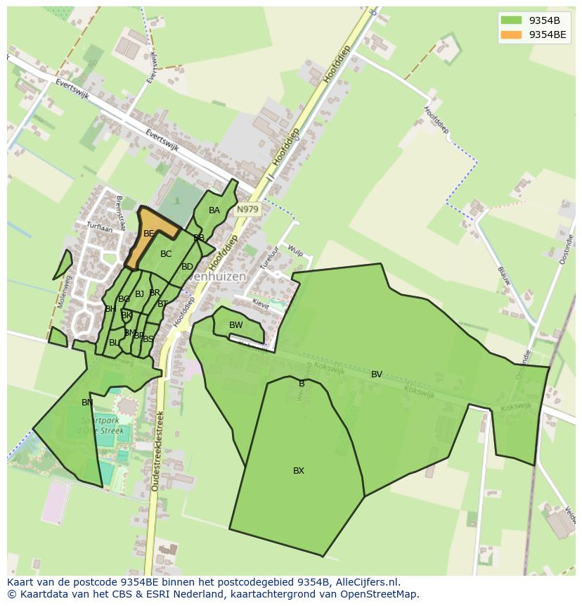 Afbeelding van het postcodegebied 9354 BE op de kaart.