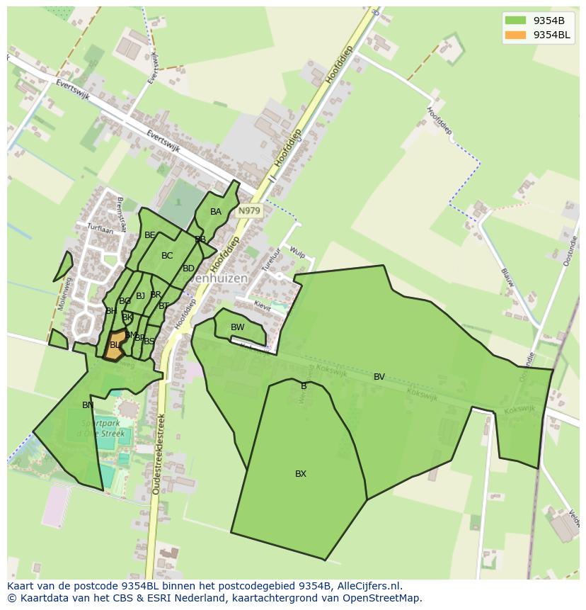 Afbeelding van het postcodegebied 9354 BL op de kaart.