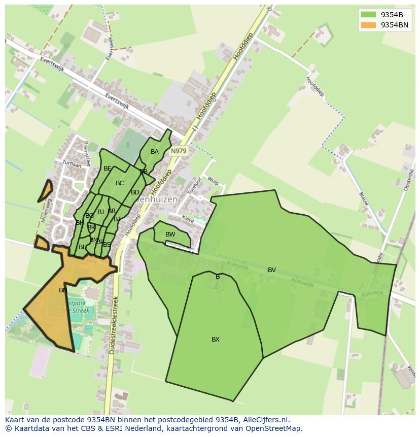 Afbeelding van het postcodegebied 9354 BN op de kaart.