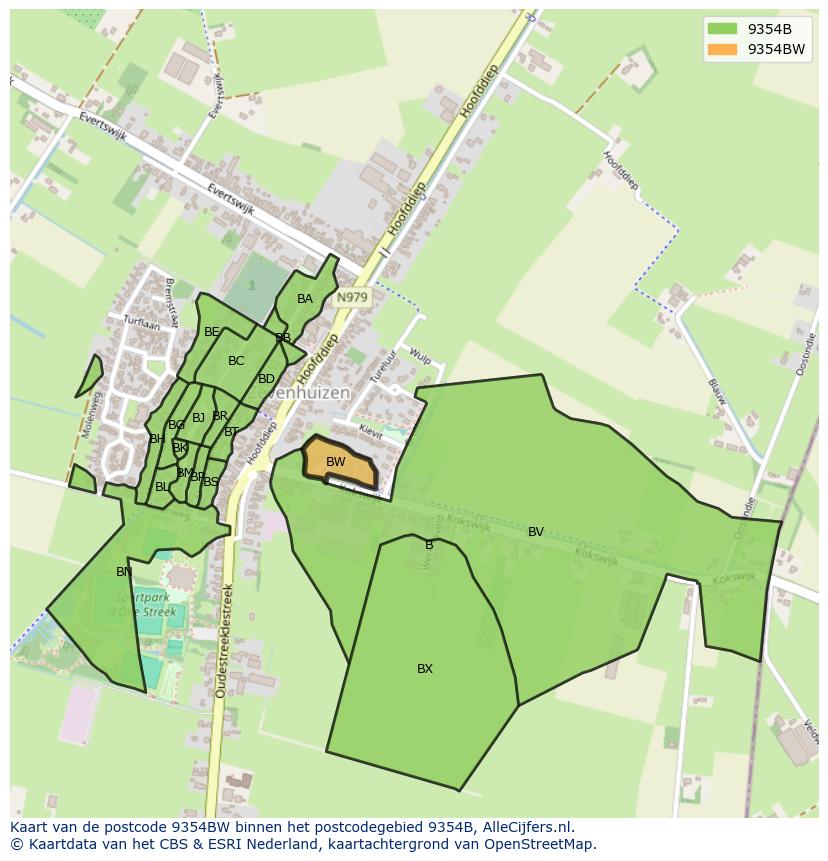 Afbeelding van het postcodegebied 9354 BW op de kaart.