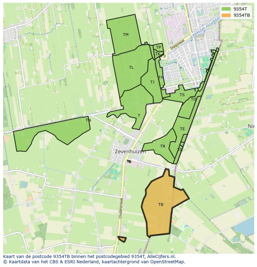 Afbeelding van het postcodegebied 9354 TB op de kaart.