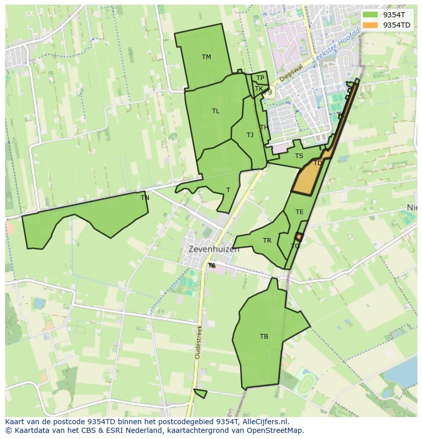 Afbeelding van het postcodegebied 9354 TD op de kaart.