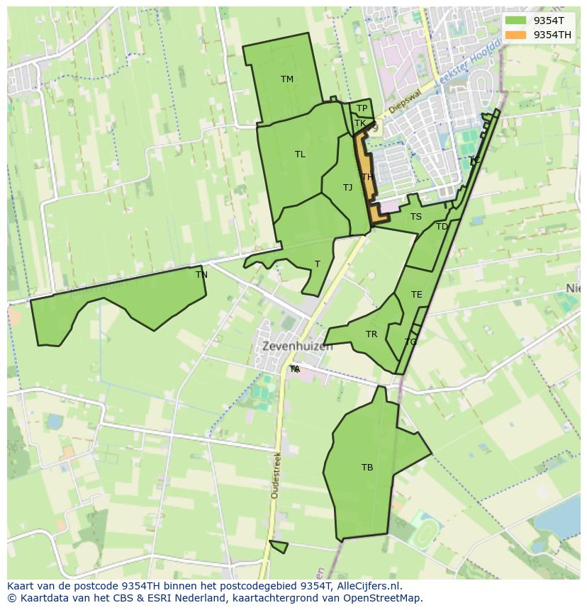Afbeelding van het postcodegebied 9354 TH op de kaart.