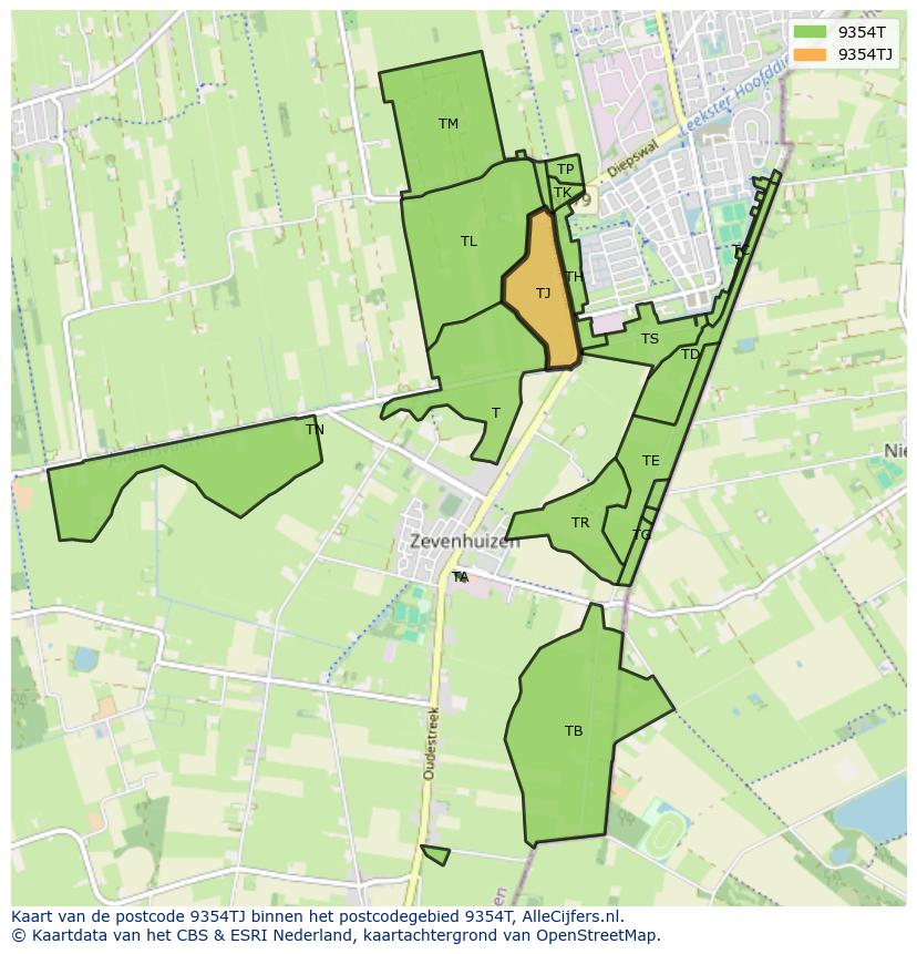 Afbeelding van het postcodegebied 9354 TJ op de kaart.