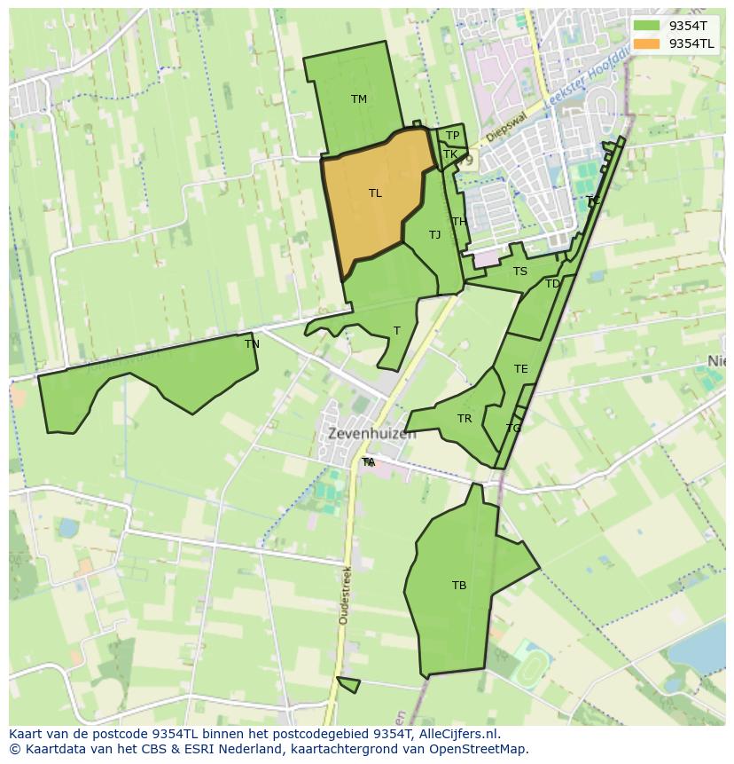Afbeelding van het postcodegebied 9354 TL op de kaart.