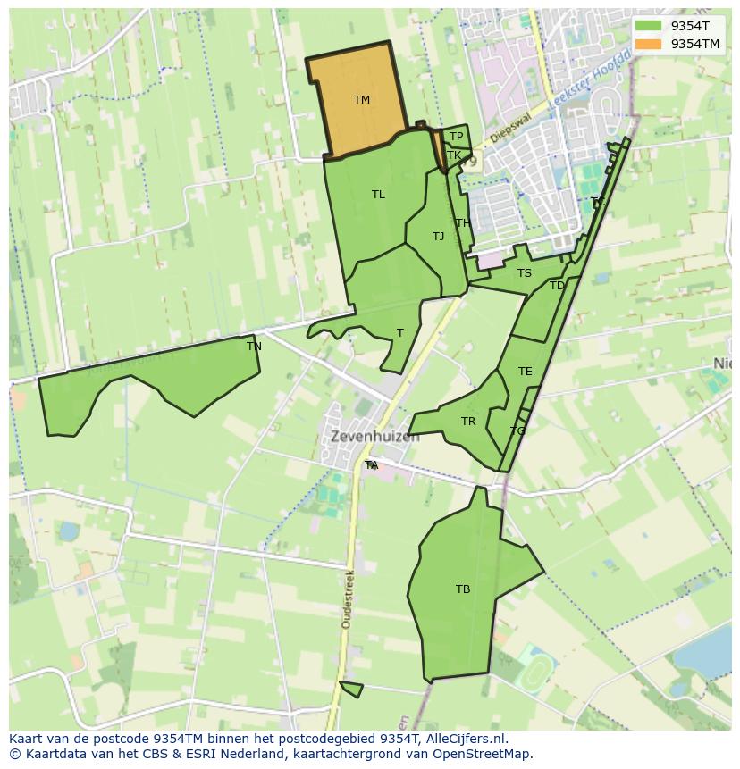 Afbeelding van het postcodegebied 9354 TM op de kaart.