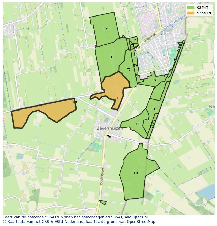 Afbeelding van het postcodegebied 9354 TN op de kaart.