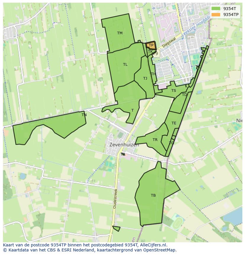 Afbeelding van het postcodegebied 9354 TP op de kaart.