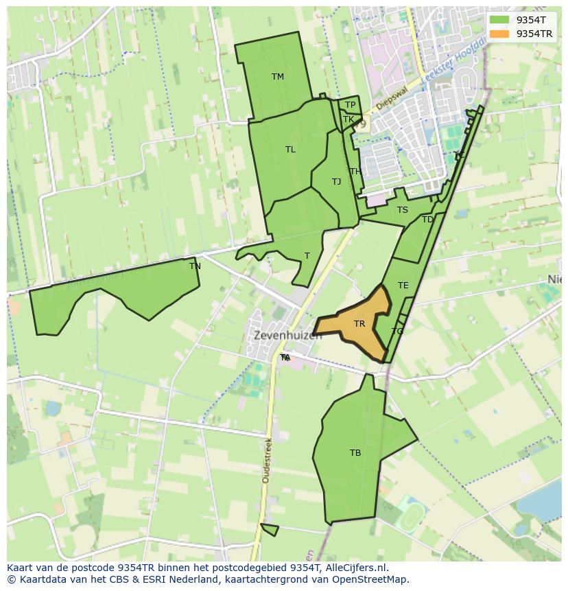 Afbeelding van het postcodegebied 9354 TR op de kaart.