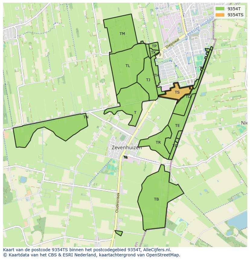 Afbeelding van het postcodegebied 9354 TS op de kaart.