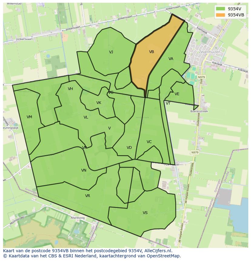 Afbeelding van het postcodegebied 9354 VB op de kaart.