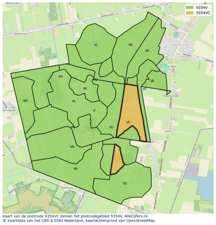 Afbeelding van het postcodegebied 9354 VC op de kaart.