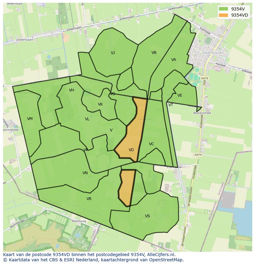 Afbeelding van het postcodegebied 9354 VD op de kaart.