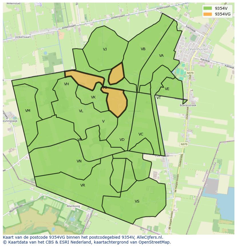 Afbeelding van het postcodegebied 9354 VG op de kaart.