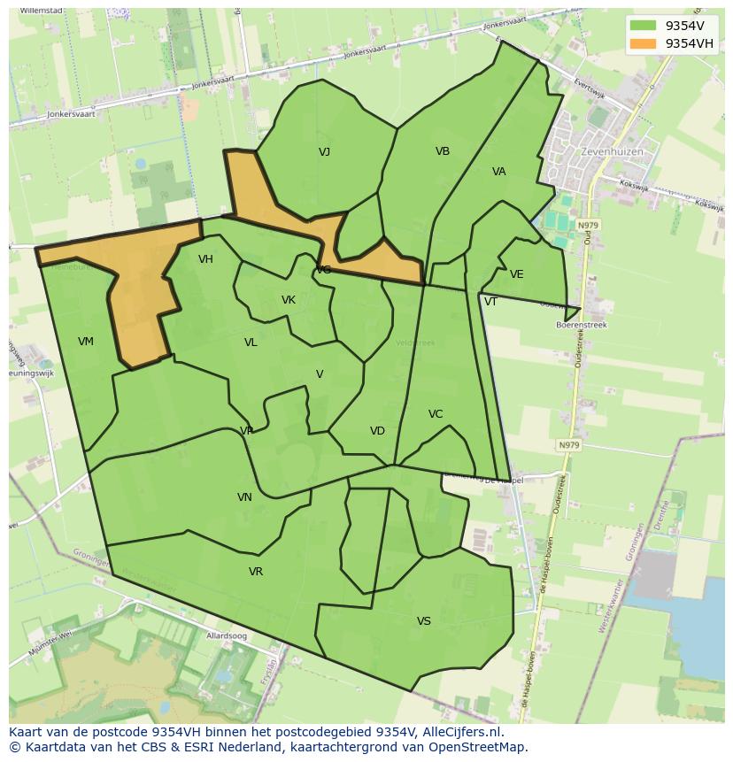 Afbeelding van het postcodegebied 9354 VH op de kaart.