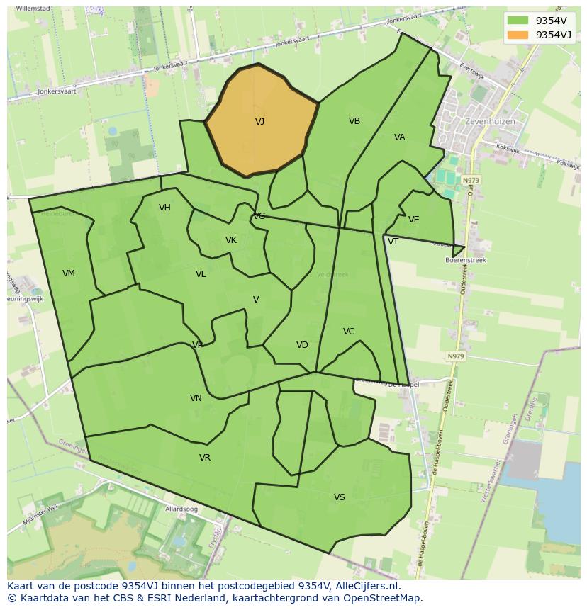 Afbeelding van het postcodegebied 9354 VJ op de kaart.