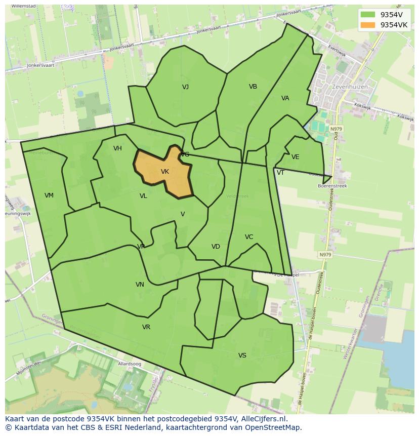 Afbeelding van het postcodegebied 9354 VK op de kaart.