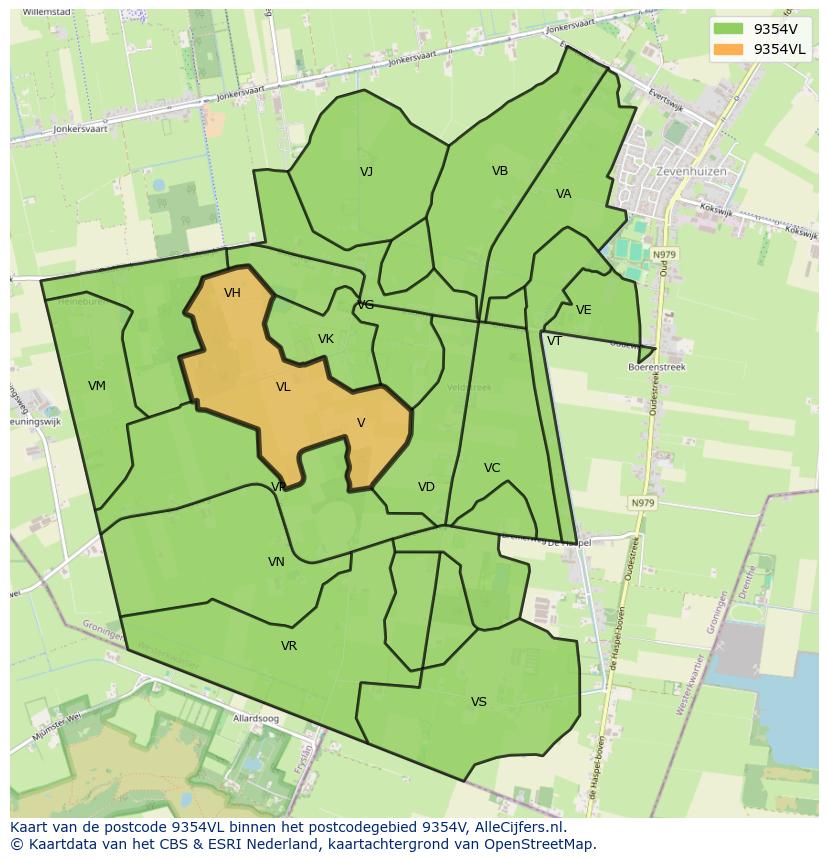 Afbeelding van het postcodegebied 9354 VL op de kaart.