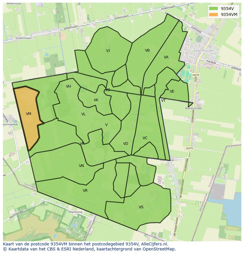 Afbeelding van het postcodegebied 9354 VM op de kaart.