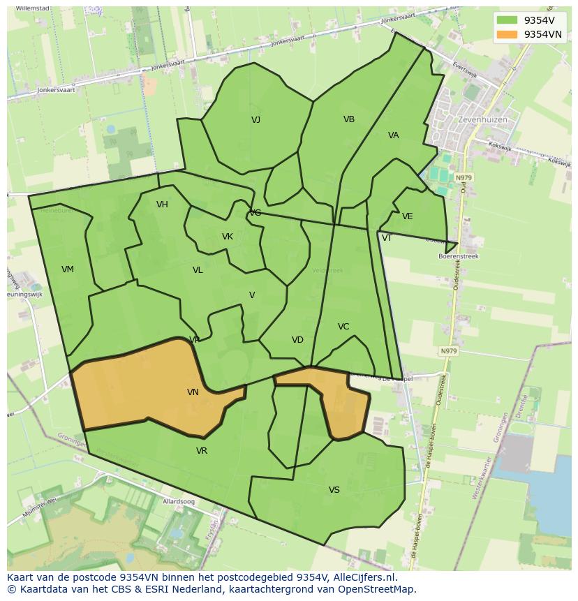 Afbeelding van het postcodegebied 9354 VN op de kaart.