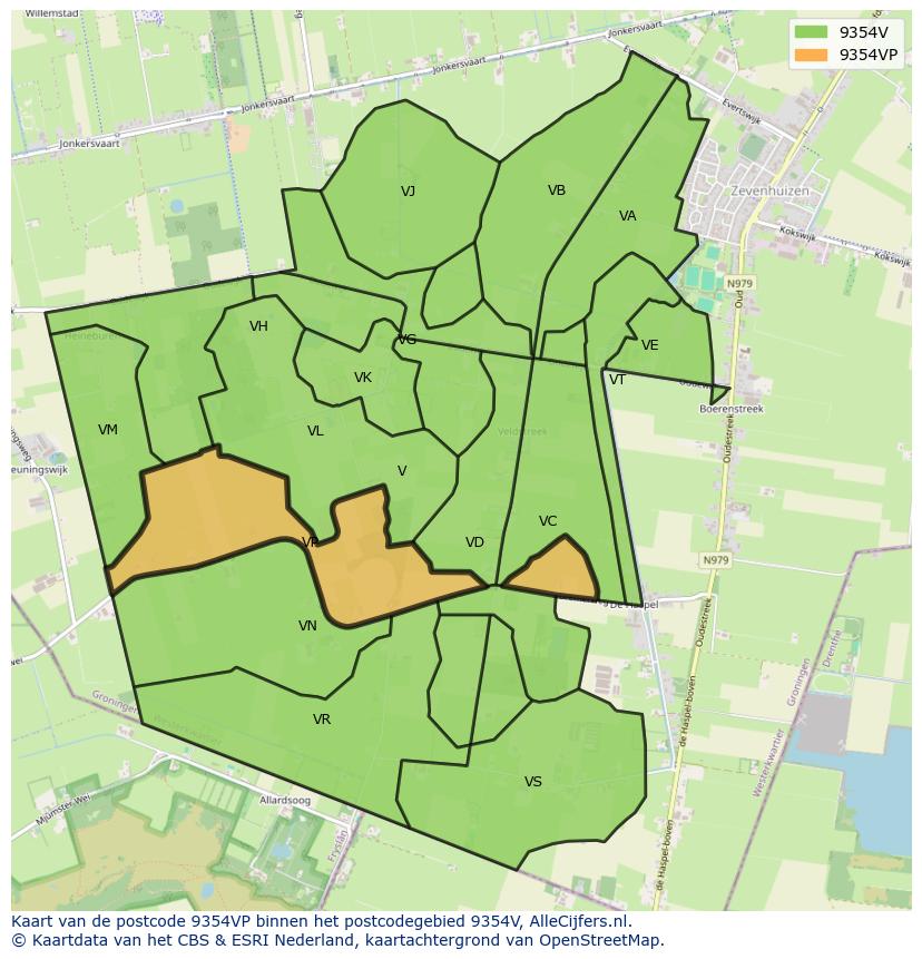 Afbeelding van het postcodegebied 9354 VP op de kaart.